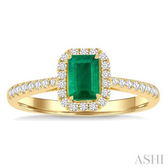 6x4 MM Emerald and 1/4 Ctw Emerald Shape Round Cut Diamond Halo Precious Ring in 14K Yellow Gold