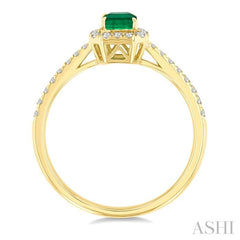 6x4 MM Emerald and 1/4 Ctw Emerald Shape Round Cut Diamond Halo Precious Ring in 14K Yellow Gold