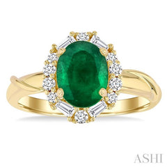 7x5 MM Oval Cut Emerald and 1/3 Ctw Baguette and Round Cut Diamond Halo Precious Ring in 14K Yellow Gold
