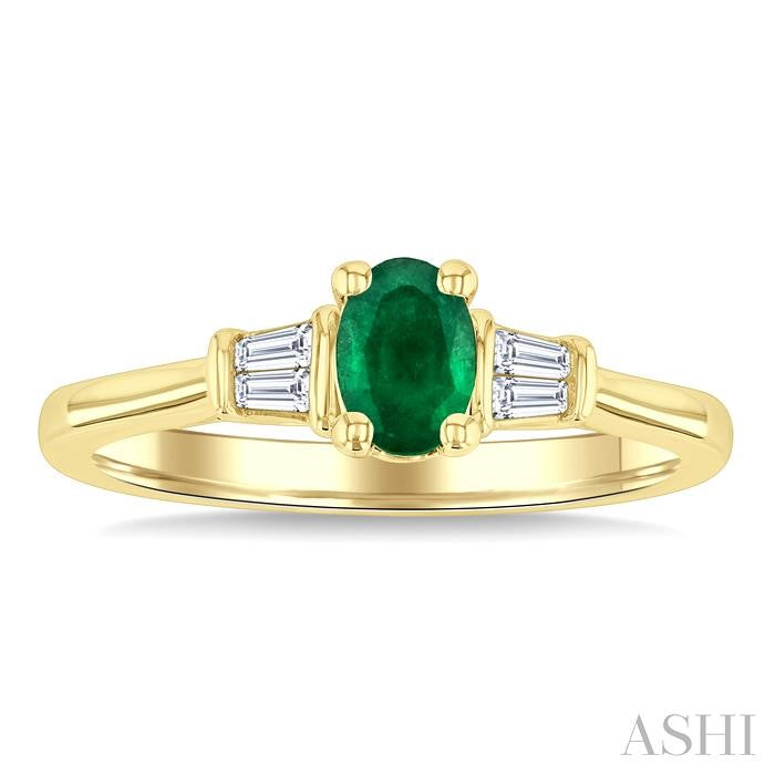1/10 Ctw Oval Cut 6X4MM Emerald and Baguette Cut Diamond Precious Ring in 14K Yellow Gold