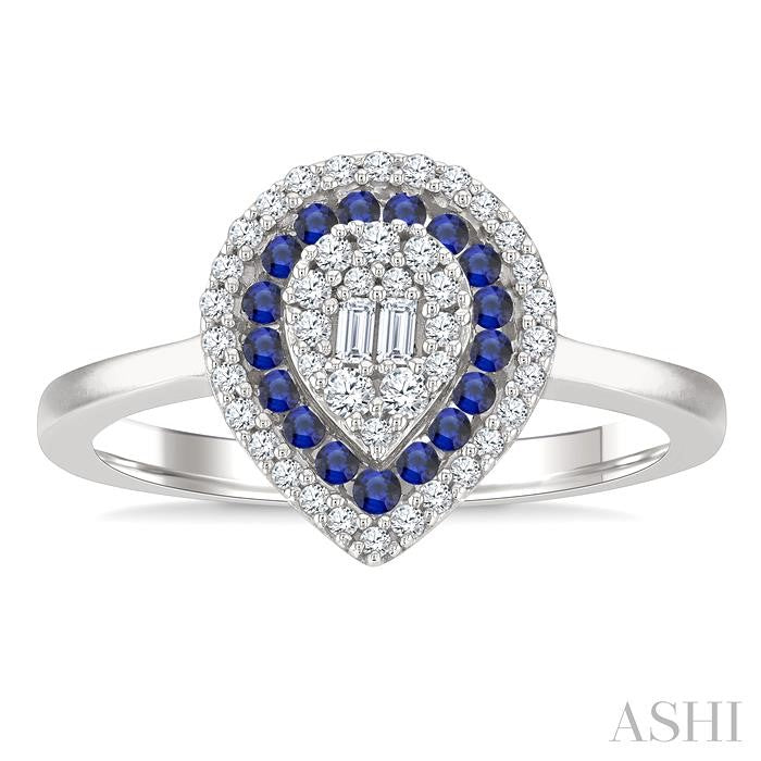 1/4 Ctw Pear Shape 1.25MM & 1.45MM Round Cut Sapphire, Baguette and Round Cut Diamond Precious Fusion Ring in 14K White Gold