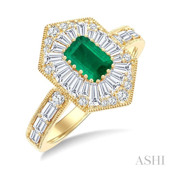 1 Ctw Art Deco Hexagon 6X4MM Octagon Shape Emerald, Baguette and Round Cut Diamond Precious Fashion Ring in 14K Yellow Gold
