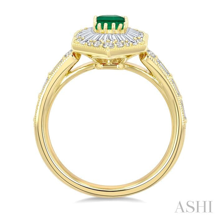 1 Ctw Art Deco Hexagon 6X4MM Octagon Shape Emerald, Baguette and Round Cut Diamond Precious Fashion Ring in 14K Yellow Gold