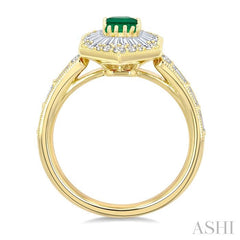 1 Ctw Art Deco Hexagon 6X4MM Octagon Shape Emerald, Baguette and Round Cut Diamond Precious Fashion Ring in 14K Yellow Gold
