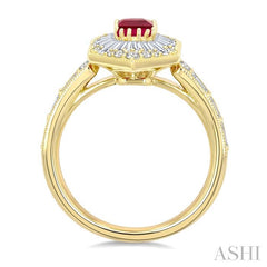1 Ctw Art Deco Hexagon 6X4MM Octagon Shape Ruby, Baguette and Round Cut Diamond Precious Fashion Ring in 14K Yellow Gold