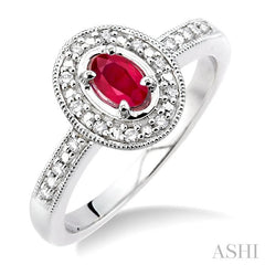 5x3 MM oval cut Ruby and 1/10 Ctw Round Cut Diamond Ring in 14K White Gold.