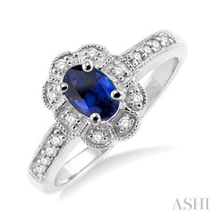 6x4 MM Oval Cut Sapphire and 1/6 Ctw Round Cut Diamond Ring in 10K White Gold