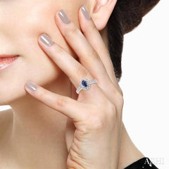 6x4 MM Oval Cut Sapphire and 1/6 Ctw Round Cut Diamond Ring in 10K White Gold