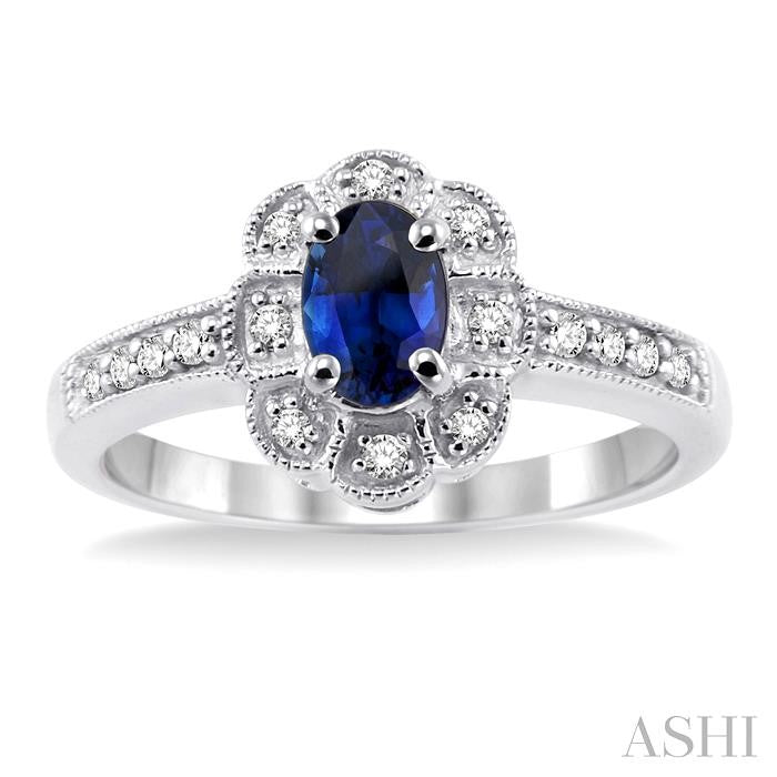 6x4 MM Oval Cut Sapphire and 1/6 Ctw Round Cut Diamond Ring in 10K White Gold