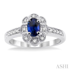 6x4 MM Oval Cut Sapphire and 1/6 Ctw Round Cut Diamond Ring in 10K White Gold