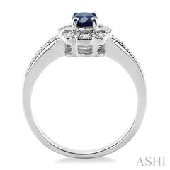 6x4 MM Oval Cut Sapphire and 1/6 Ctw Round Cut Diamond Ring in 10K White Gold