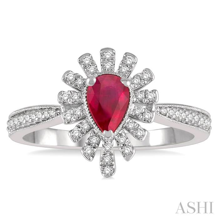 6x4 MM Lattice Pear Shape Ruby and 1/5 Ctw Round Cut Diamond Precious Ring in 10K White Gold