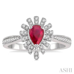 6x4 MM Lattice Pear Shape Ruby and 1/5 Ctw Round Cut Diamond Precious Ring in 10K White Gold