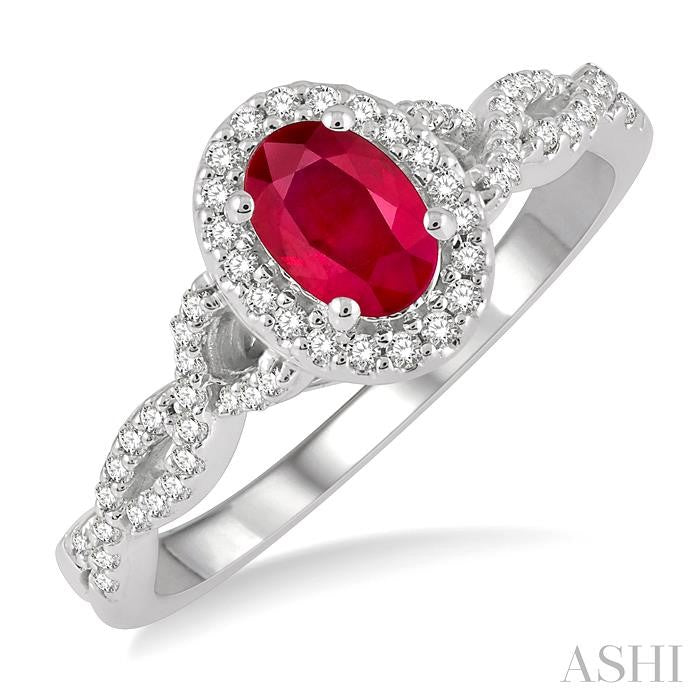 6x4 MM Oval Shape Center Stone Ruby and 1/5 Ctw Split Entwined Shank Round Cut Diamond Precious Ring in 10K White Gold