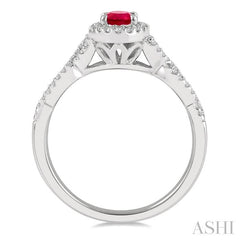 6x4 MM Oval Shape Center Stone Ruby and 1/5 Ctw Split Entwined Shank Round Cut Diamond Precious Ring in 10K White Gold