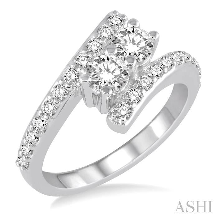 1 Ctw Twin Center Stone Parallel Split Shank Round Cut Diamond 2Stone Ring in 14K White Gold