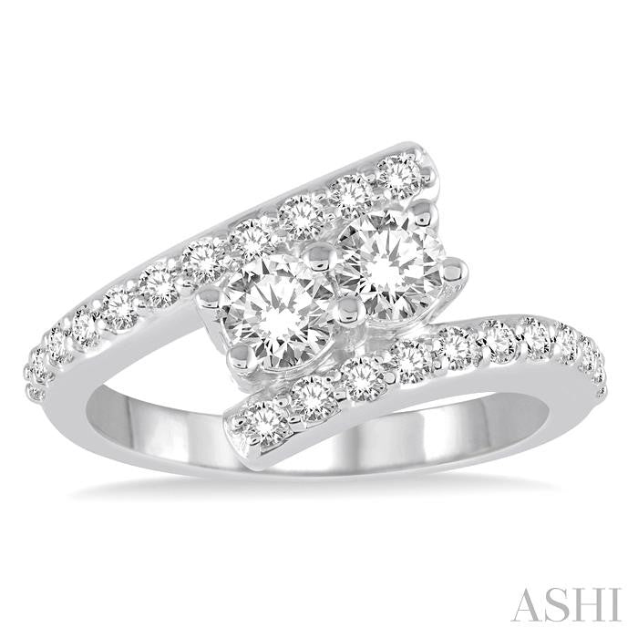 1 Ctw Twin Center Stone Parallel Split Shank Round Cut Diamond 2Stone Ring in 14K White Gold