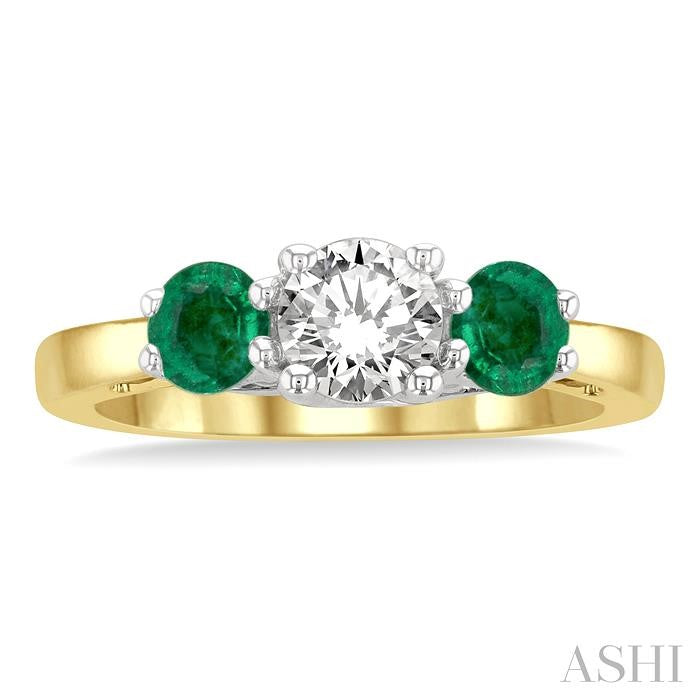 4.30 MM Round Shape Emerald and 5/8 Ctw Past, Present and Future Round Cut Diamond Precious Ring in 14K Yellow and White Gold