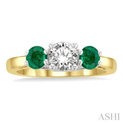 4.30 MM Round Shape Emerald and 5/8 Ctw Past, Present and Future Round Cut Diamond Precious Ring in 14K Yellow and White Gold