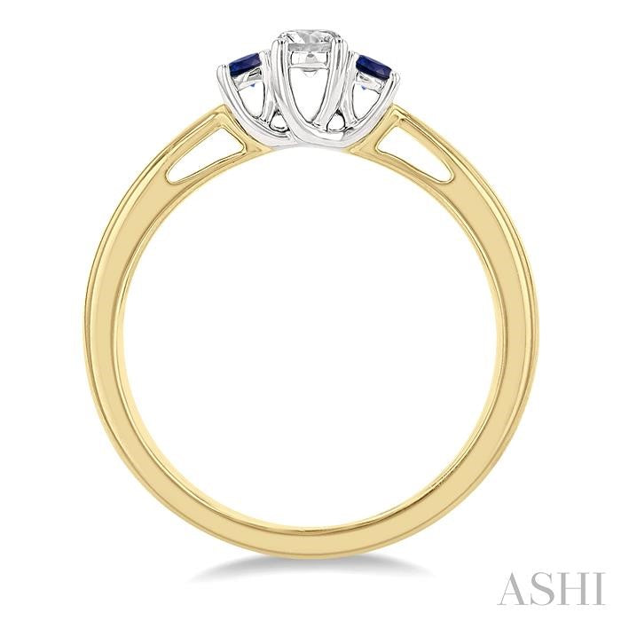 2.15 MM Round Shape Sapphire and 1/6 Ctw Past, Present and Future Round Cut Diamond Precious Ring in 14K Yellow and White Gold