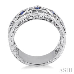 3x3 MM Princess Cut Sapphire and 1/4 Ctw Round Cut Diamond Precious Fashion Band in 14K White Gold