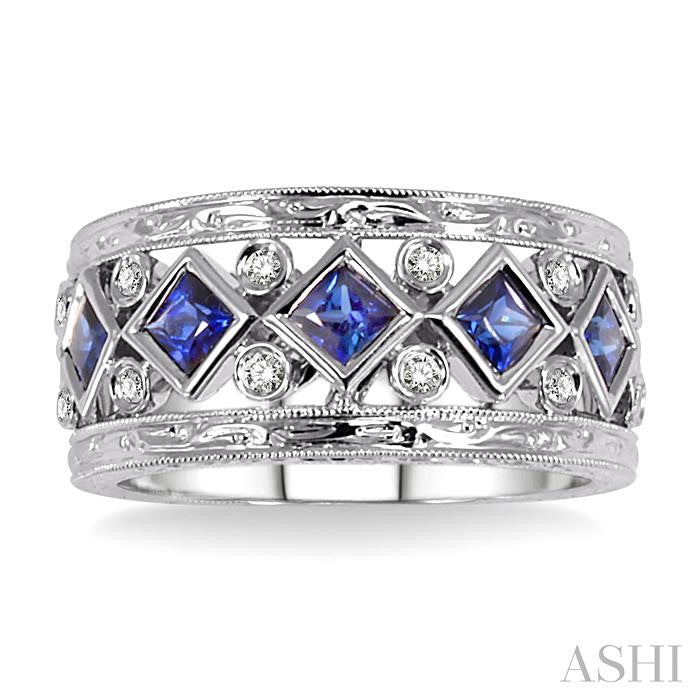 3x3 MM Princess Cut Sapphire and 1/4 Ctw Round Cut Diamond Precious Fashion Band in 14K White Gold
