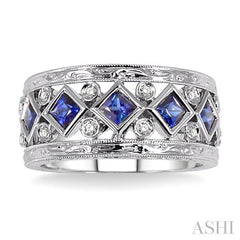 3x3 MM Princess Cut Sapphire and 1/4 Ctw Round Cut Diamond Precious Fashion Band in 14K White Gold