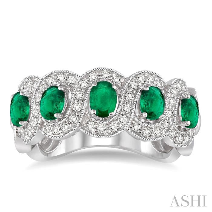 4x3 MM Oval Cut Emerald and 1/2 Ctw Round Cut Diamond Precious Band in 14K White Gold