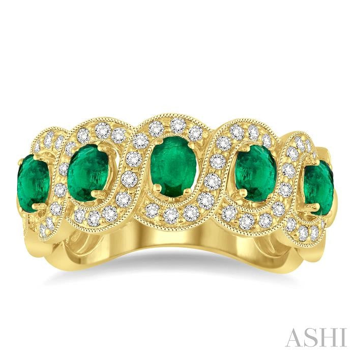4x3 MM Oval Cut Emerald and 1/2 Ctw Round Cut Diamond Precious Band in 14K Yellow Gold