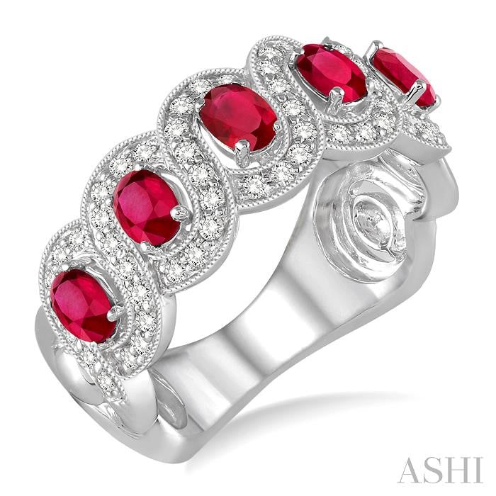 4x3 MM Oval Cut Ruby and 1/2 Ctw Round Cut Diamond Precious Band in 14K White Gold