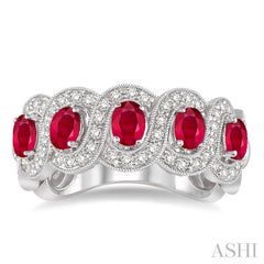 4x3 MM Oval Cut Ruby and 1/2 Ctw Round Cut Diamond Precious Band in 14K White Gold