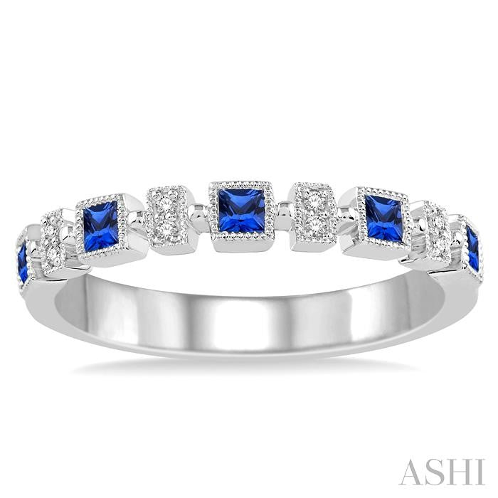 2 MM Princess Shape Sapphire and 1/50 Ctw Round Diamond Precious Stone Wedding Band in 14K White Gold