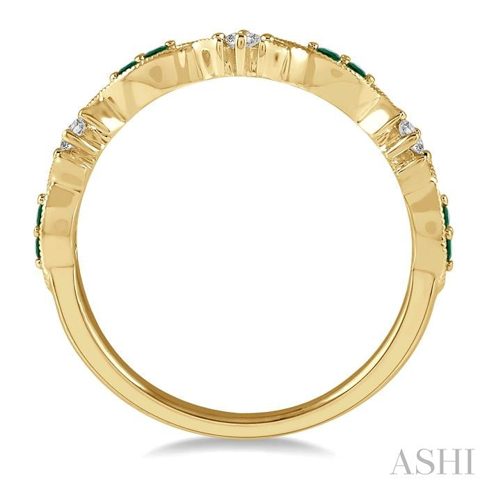 1.35 MM Round Cut Green Emerald and 1/10 Ctw Round Cut Diamond Precious Half Eternity Wedding Band in 14K Yellow Gold