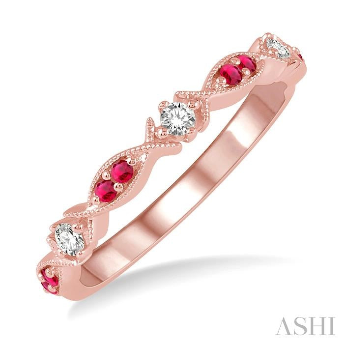1.35 MM Round Cut Ruby and 1/10 Ctw Round Cut Diamond Precious Half Eternity Wedding Band in 14K Rose Gold