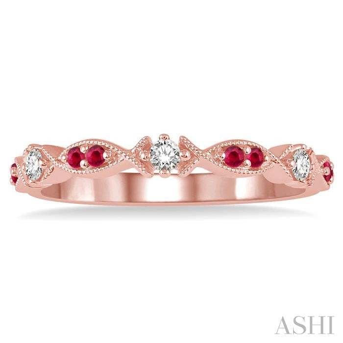 1.35 MM Round Cut Ruby and 1/10 Ctw Round Cut Diamond Precious Half Eternity Wedding Band in 14K Rose Gold