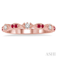 1.35 MM Round Cut Ruby and 1/10 Ctw Round Cut Diamond Precious Half Eternity Wedding Band in 14K Rose Gold