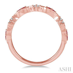 1.35 MM Round Cut Ruby and 1/10 Ctw Round Cut Diamond Precious Half Eternity Wedding Band in 14K Rose Gold