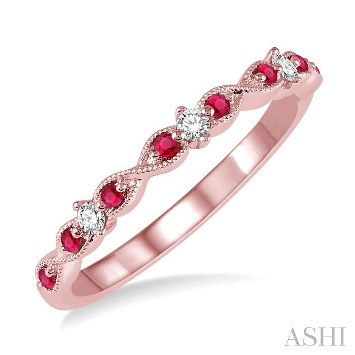 1.25 MM Ruby and 1/10 Ctw Round Cut Diamond Precious Wedding Band in 14K Rose Gold