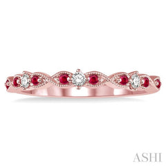 1.25 MM Ruby and 1/10 Ctw Round Cut Diamond Precious Wedding Band in 14K Rose Gold