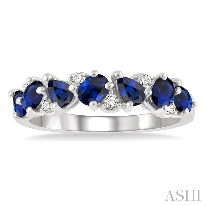 4x3 MM Pear and Oval Shape Sapphire and 1/10 Ctw Round Cut Diamond Precious Band in 14K White Gold