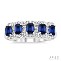 4x3 MM Emerald Shape Sapphire and 1/2 Ctw Round Cut Diamond Precious Wedding Band in 14K White Gold