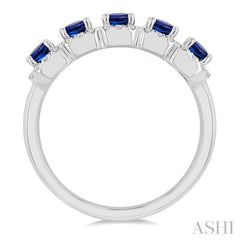 4x3 MM Emerald Shape Sapphire and 1/2 Ctw Round Cut Diamond Precious Wedding Band in 14K White Gold