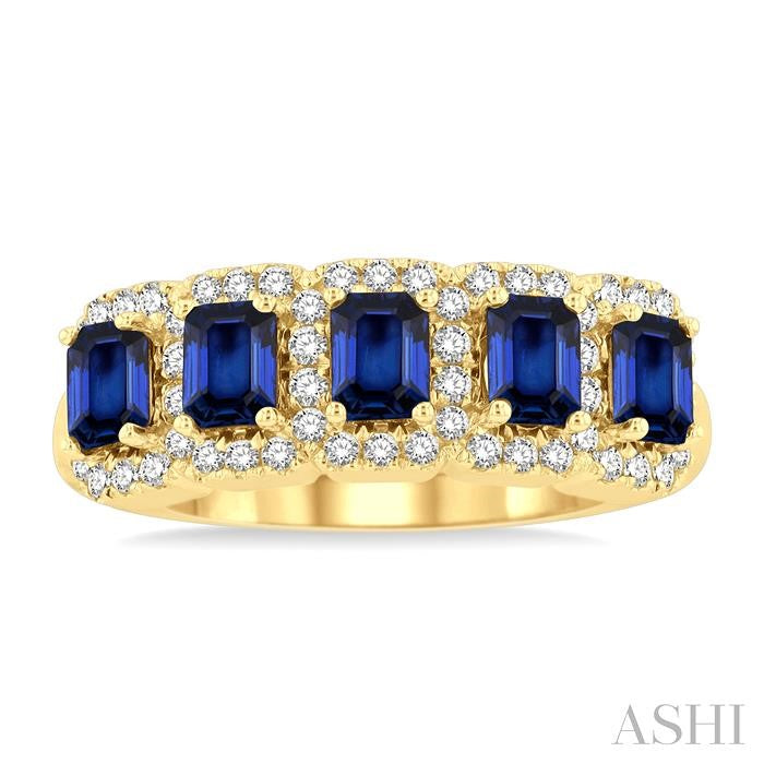 4x3 MM Emerald Shape Sapphire and 1/2 Ctw Round Cut Diamond Precious Wedding Band in 14K Yellow Gold