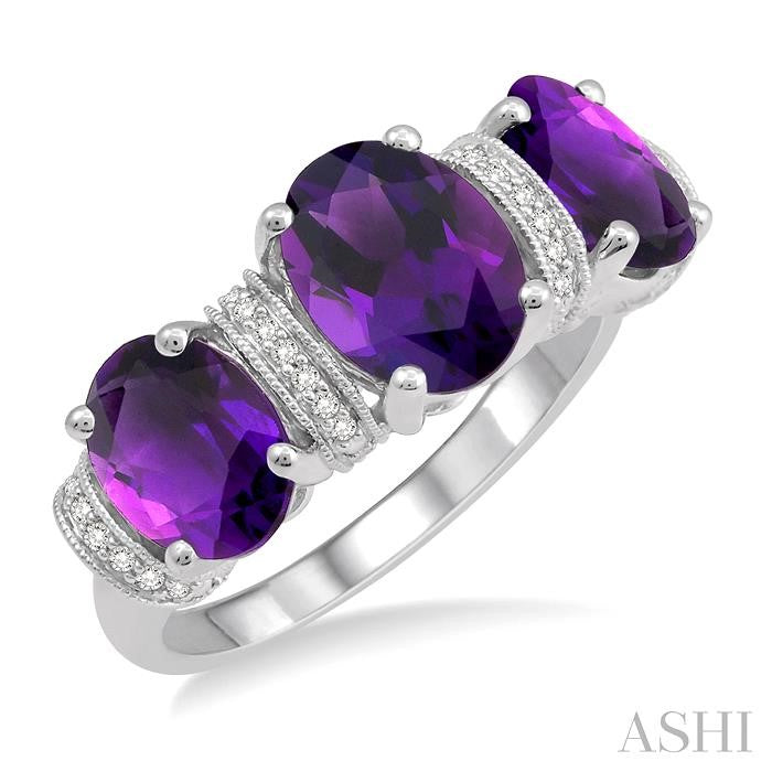 8x6 MM & 7x5 MM Tri Mount Oval Cut Amethyst and 1/10 Ctw Round cut Diamond Semi-Precious Ring in 10K White Gold