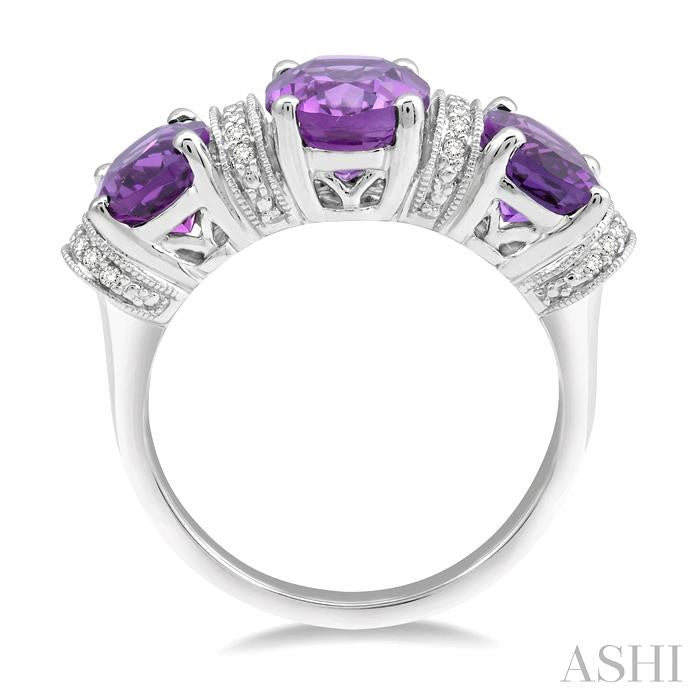 8x6 MM & 7x5 MM Tri Mount Oval Cut Amethyst and 1/10 Ctw Round cut Diamond Semi-Precious Ring in 10K White Gold
