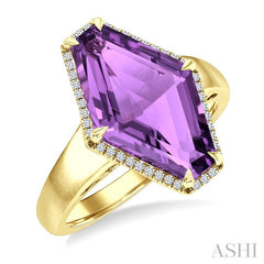 16x10 MM Hexagon Shape Amethyst and 1/10 Ctw Round Cut Diamond Halo Semi-Precious Ring in 14K Yellow Gold