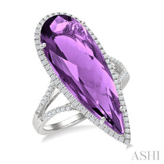 26x9 MM Pear Shape Amethyst and 1/3 Ctw Round Cut Diamond Halo Semi-Precious Ring in 14K White Gold
