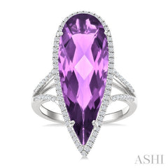 26x9 MM Pear Shape Amethyst and 1/3 Ctw Round Cut Diamond Halo Semi-Precious Ring in 14K White Gold
