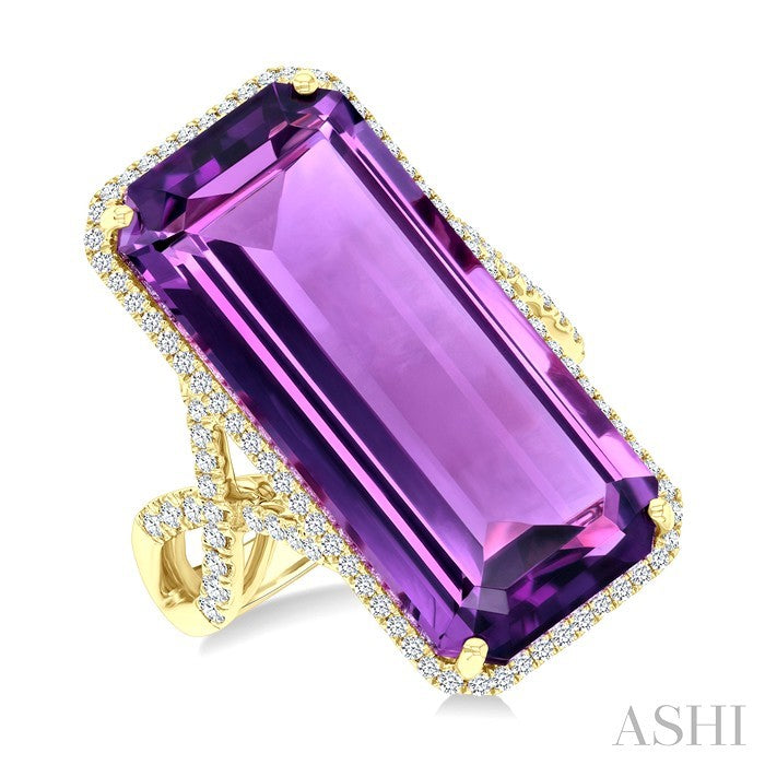 26x12 MM Emerald Cut Amethyst and 1/2 Ctw Round Cut Diamond Halo Semi-Precious Ring in 14K Yellow Gold
