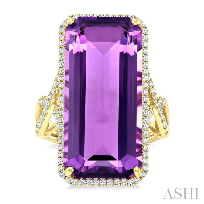 26x12 MM Emerald Cut Amethyst and 1/2 Ctw Round Cut Diamond Halo Semi-Precious Ring in 14K Yellow Gold